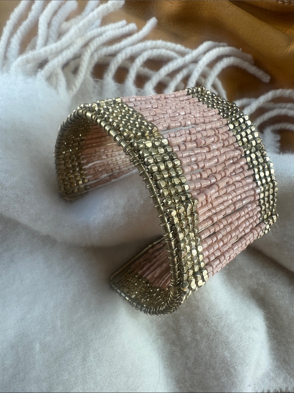 Coastal Cowgirl Mermaid Oversized Handcrafted Pink and Gold Beaded Cuff Bracelet